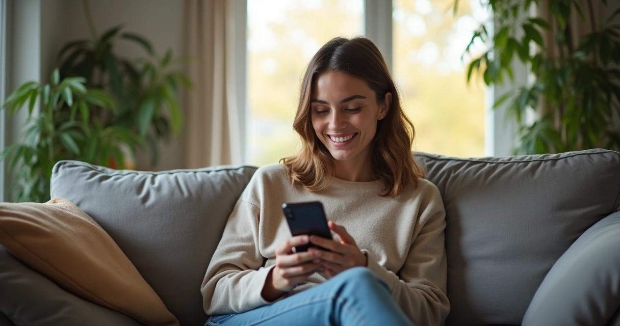 Mulher digitando sorrindo em aparelho celular 