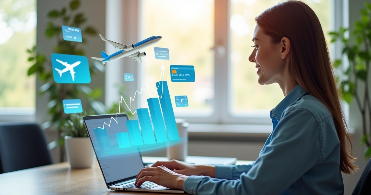 Mulher usando notebook com gráfico de ganhos e ícones de programas de viagem 