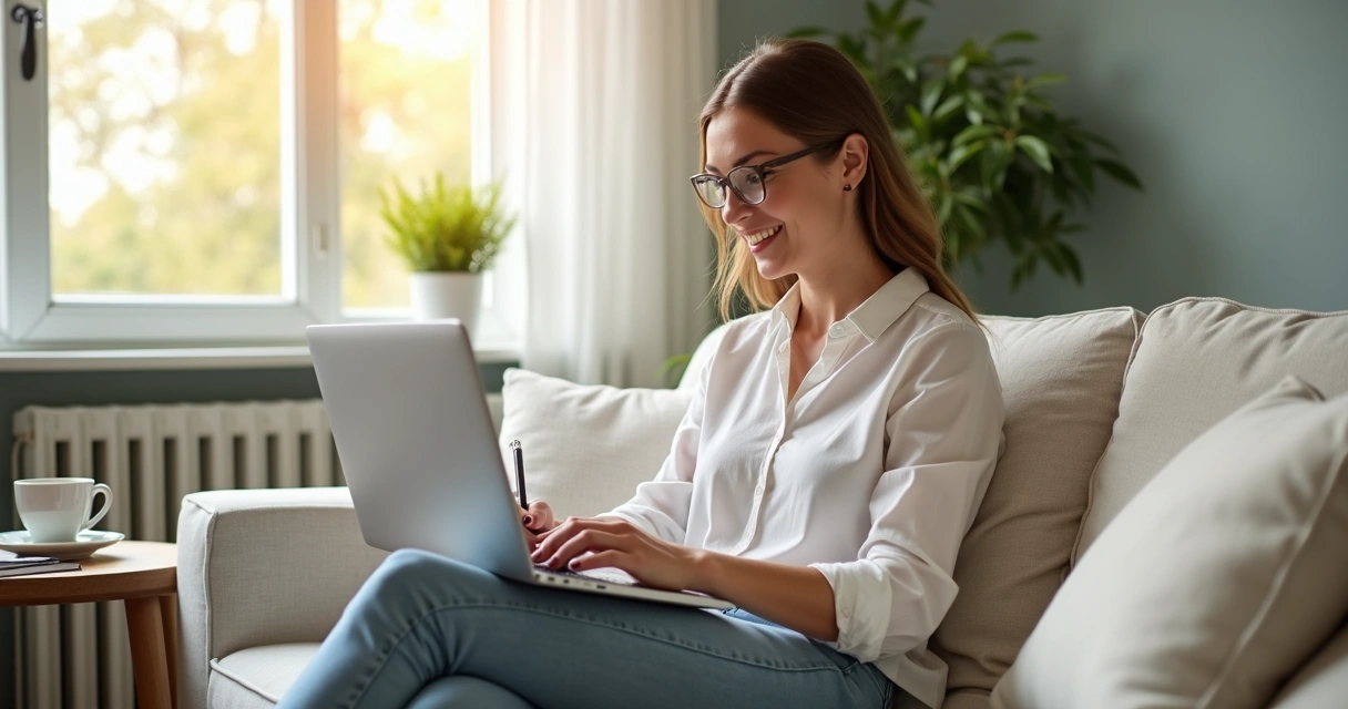 Mulher sentada em sofá trabalhando em notebook e anotando em caderno 