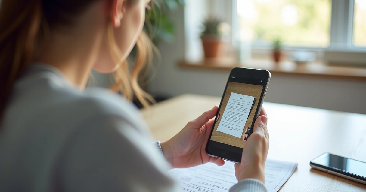 Mulher escaneando documentos usando o celular em uma mesa