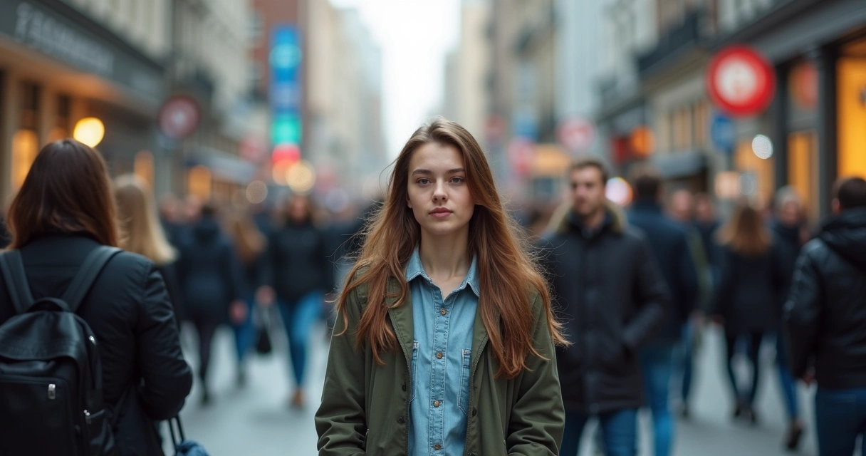 Mulher parada em meio a multidão desfocada da cidade. 
