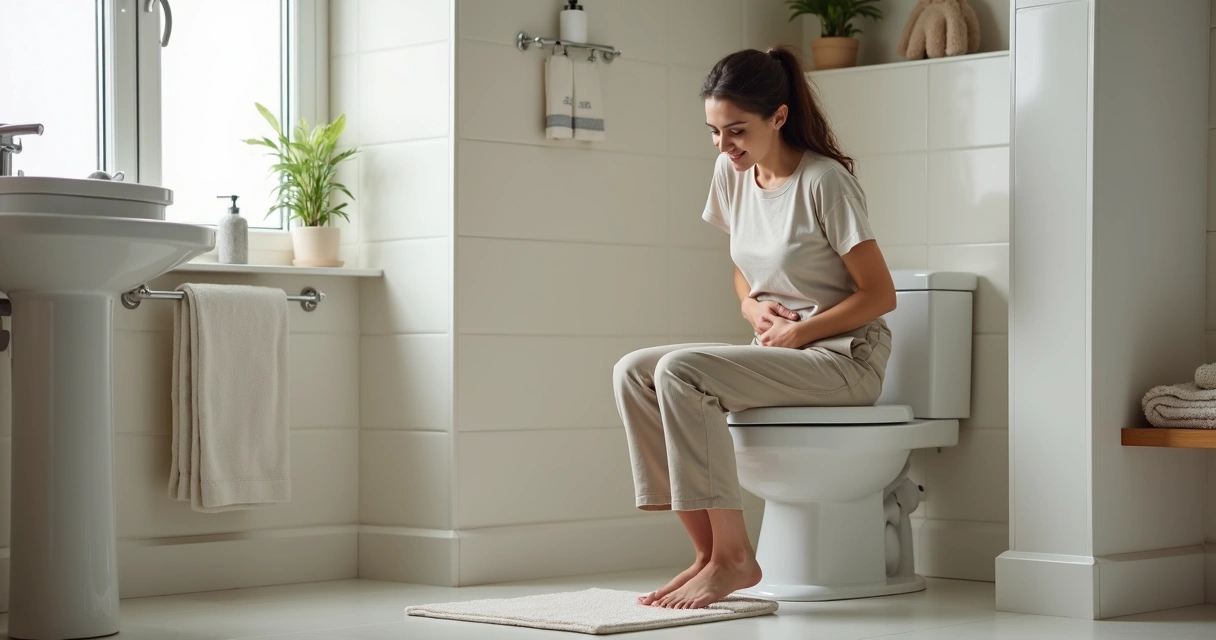 Mulher adulta com dor abdominal sentada no banheiro com expressão de desconforto 
