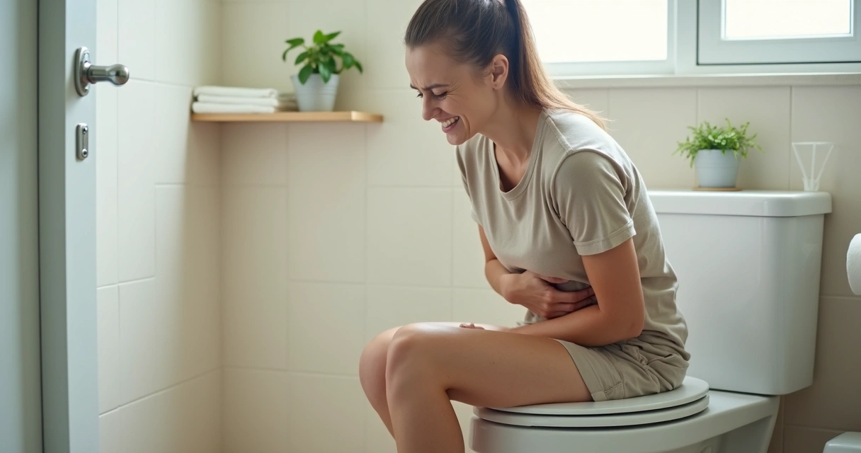 Mulher adulta sentada no vaso sanitário com dor abdominal e expressão de desconforto 