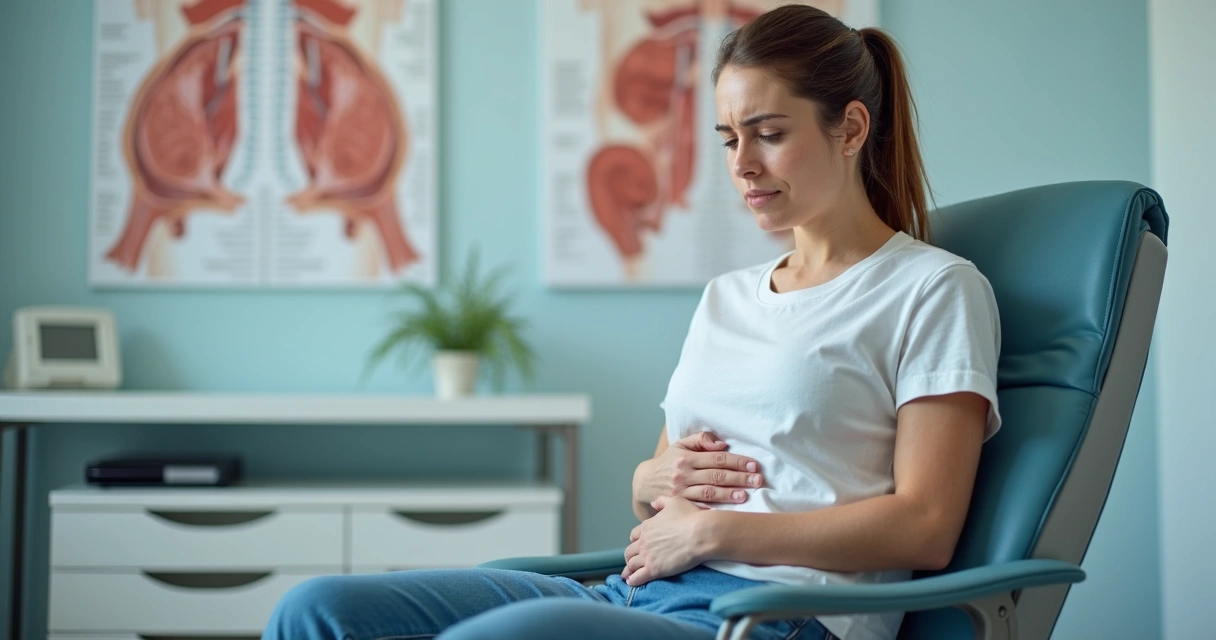 Mulher com mão no abdômen sentada em consultório 