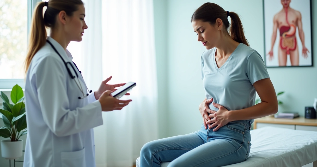 Mulher segurando a barriga com dor abdominal sentada no sofá em ambiente doméstico claro 