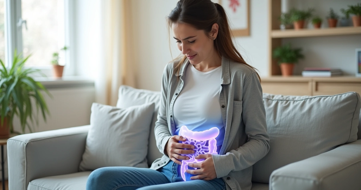 Mulher com a mão sobre o abdômen, indicando dor abdominal 