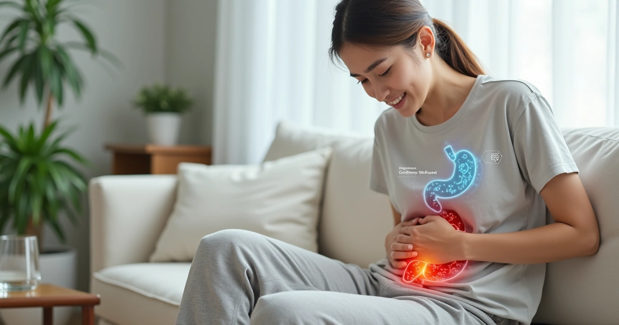 Mulher tocando o abdômen com ilustração do intestino mostrando gases e inflamação 