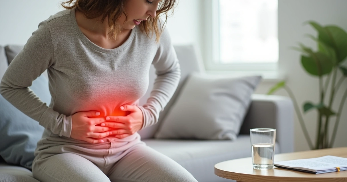 Mulher apertando o abdômen com expressão de dor sentada no sofá 