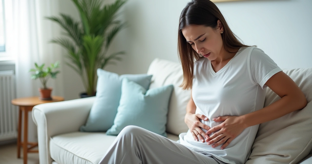 Mulher sentada no sofá segurando o abdômen com expressão de dor 