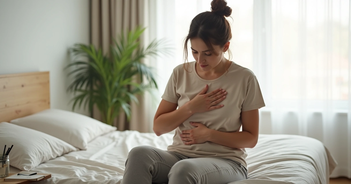 Mulher sentada tocando o peito e o abdômen em postura de reflexão 