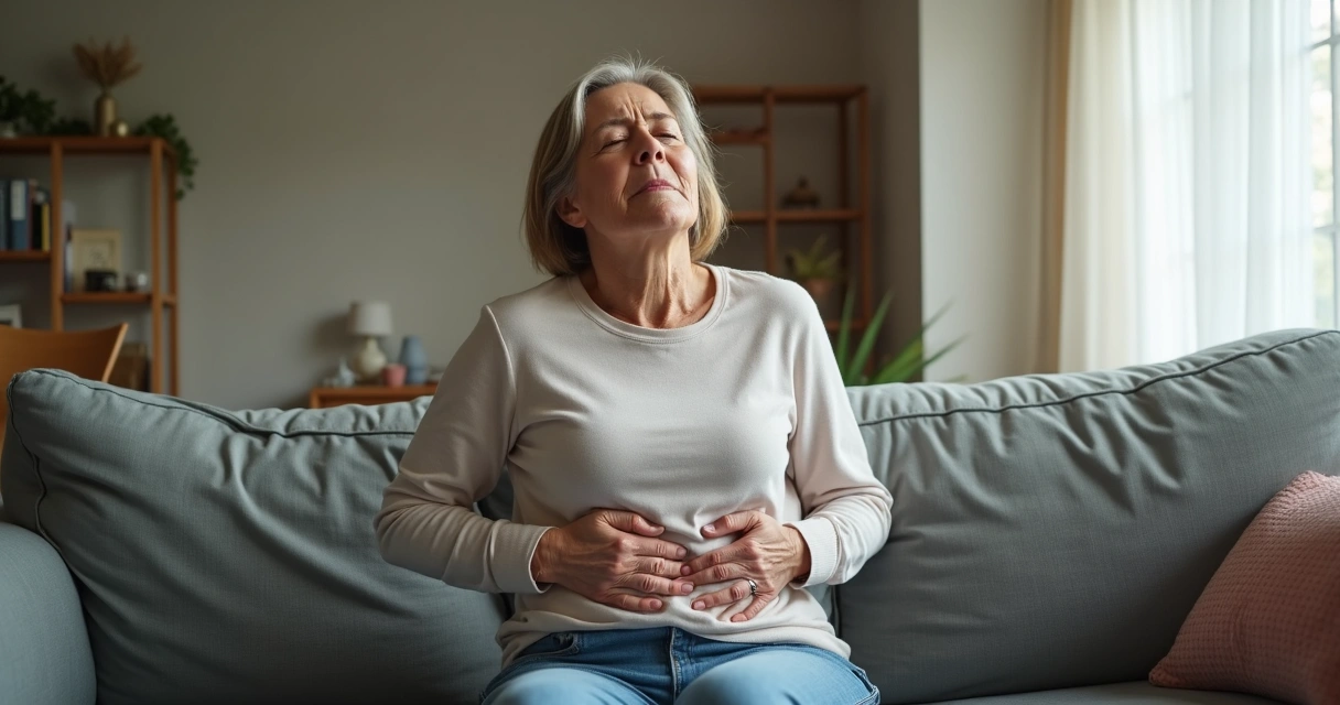Mulher sentada segurando as costas com expressão de dor