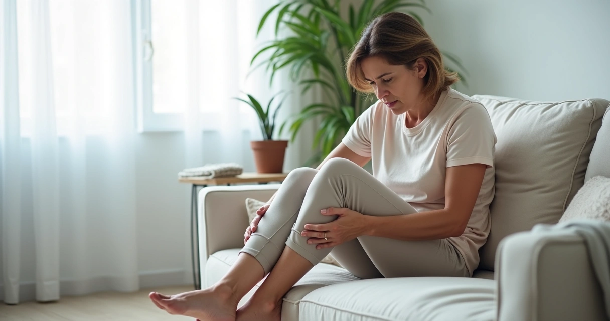 Mulher sentada no sofá massageando a perna com expressão de dor 