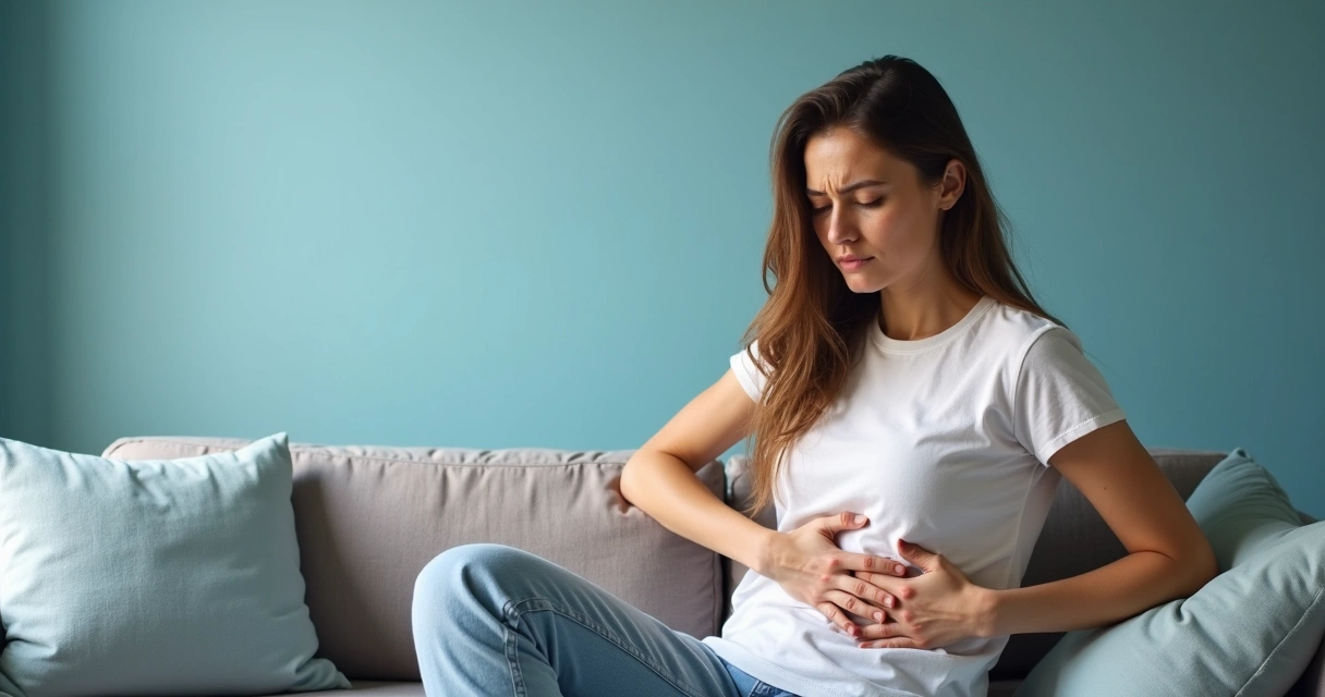 Mulher com mão na pelve, sentada, com fundo azul claro.