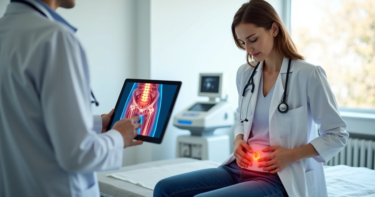 Mulher sentada em consultório médico com dor na região pélvica 