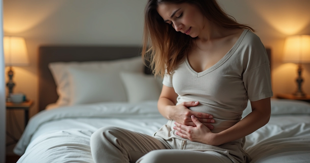 Mulher sentada na cama com mão no abdômen em expressão de desconforto 