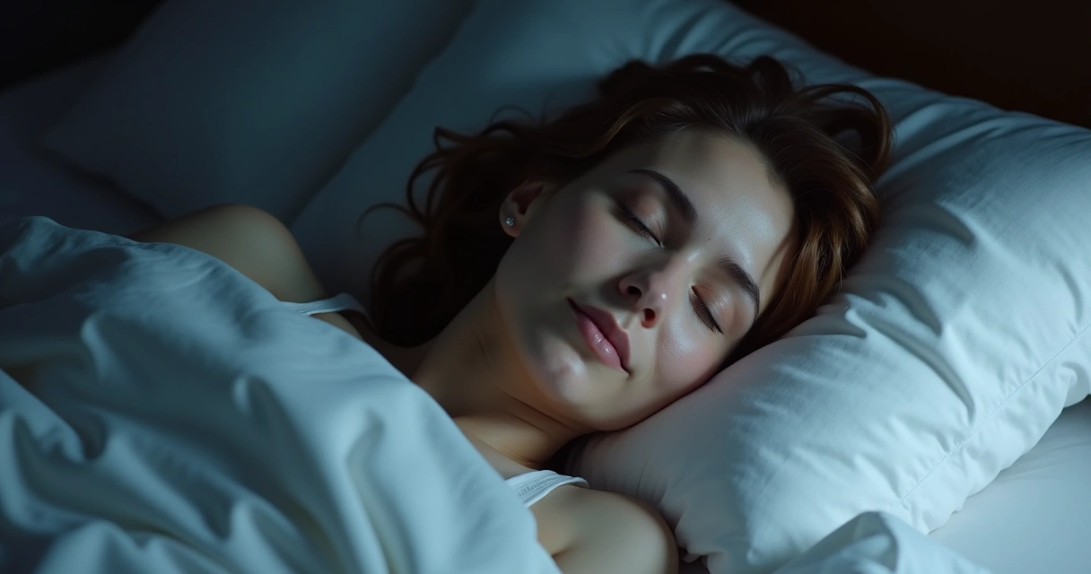 Mulher dormindo tranquilamente em cama escura com expressão serena 