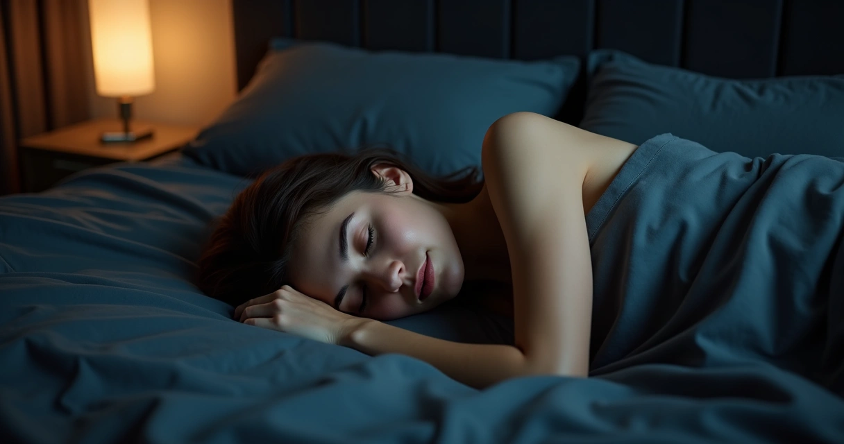 Mulher dormindo tranquila em uma cama escura 