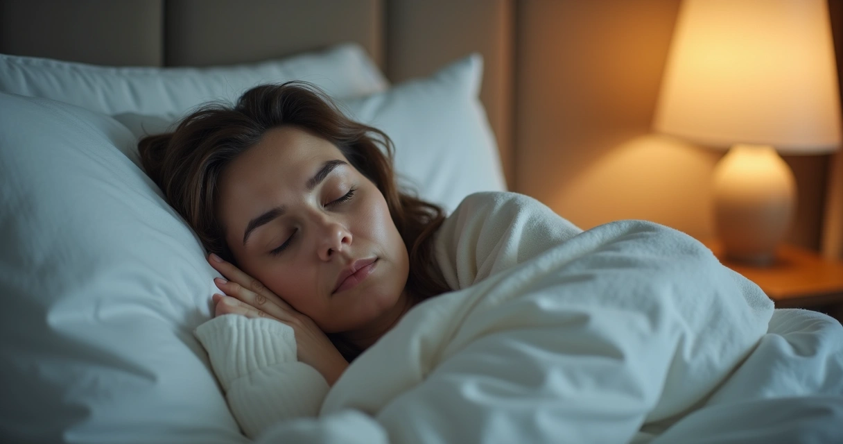 Mulher dormindo tranquilamente em cama com lençóis brancos.