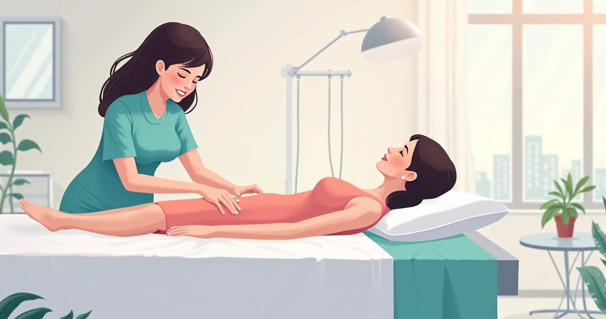 Profissional realizando drenagem linfática em paciente deitada em maca, ambiente de clínica claro e tranquilo. 