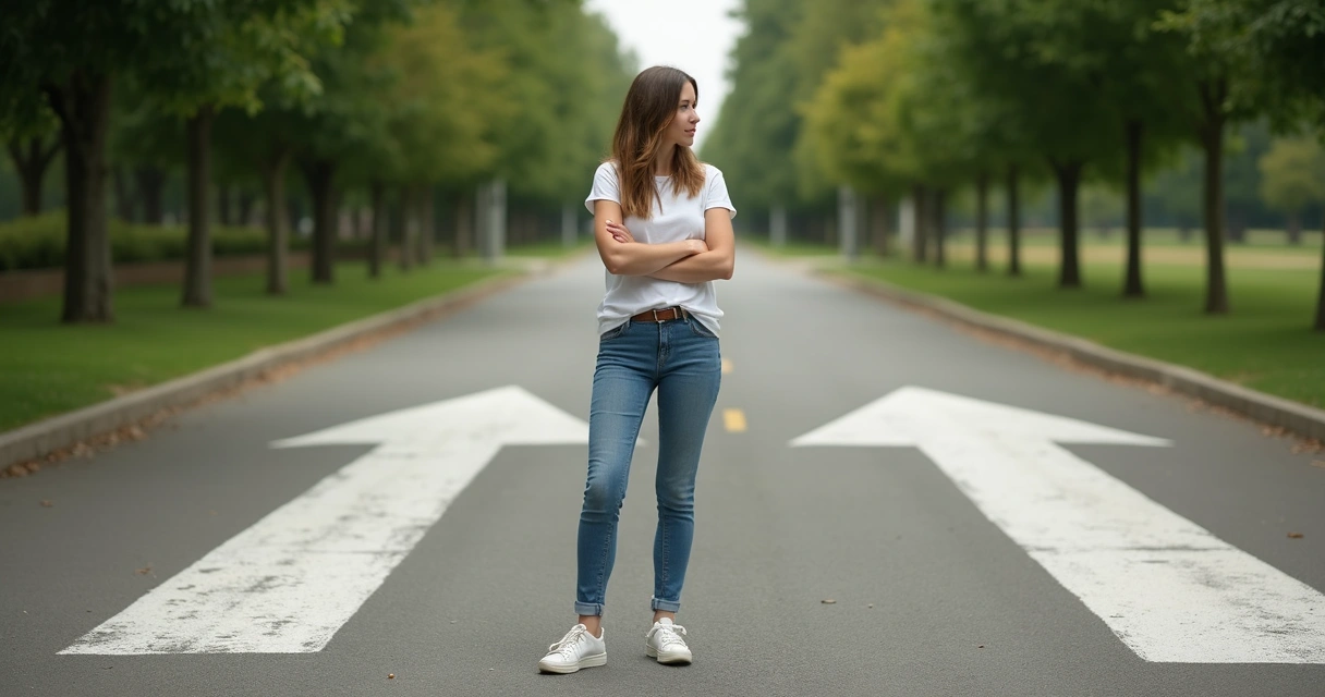 Mulher pensativa diante de duas setas apontando direções opostas. 