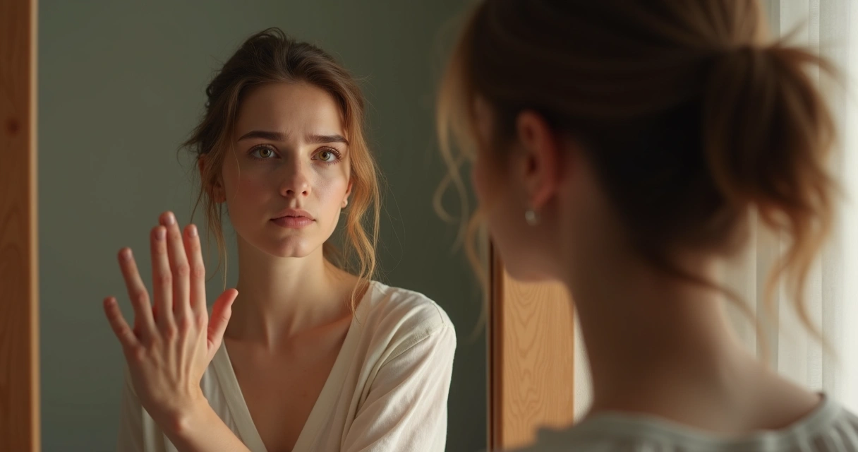 Mulher olhando para o próprio reflexo pensativa e preocupada. 
