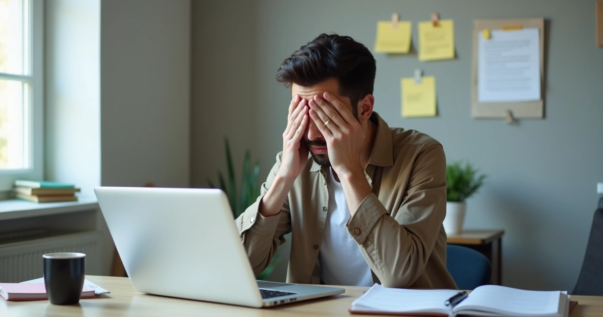 Pessoa sentada diante de computador com expressão de dúvida no trabalho