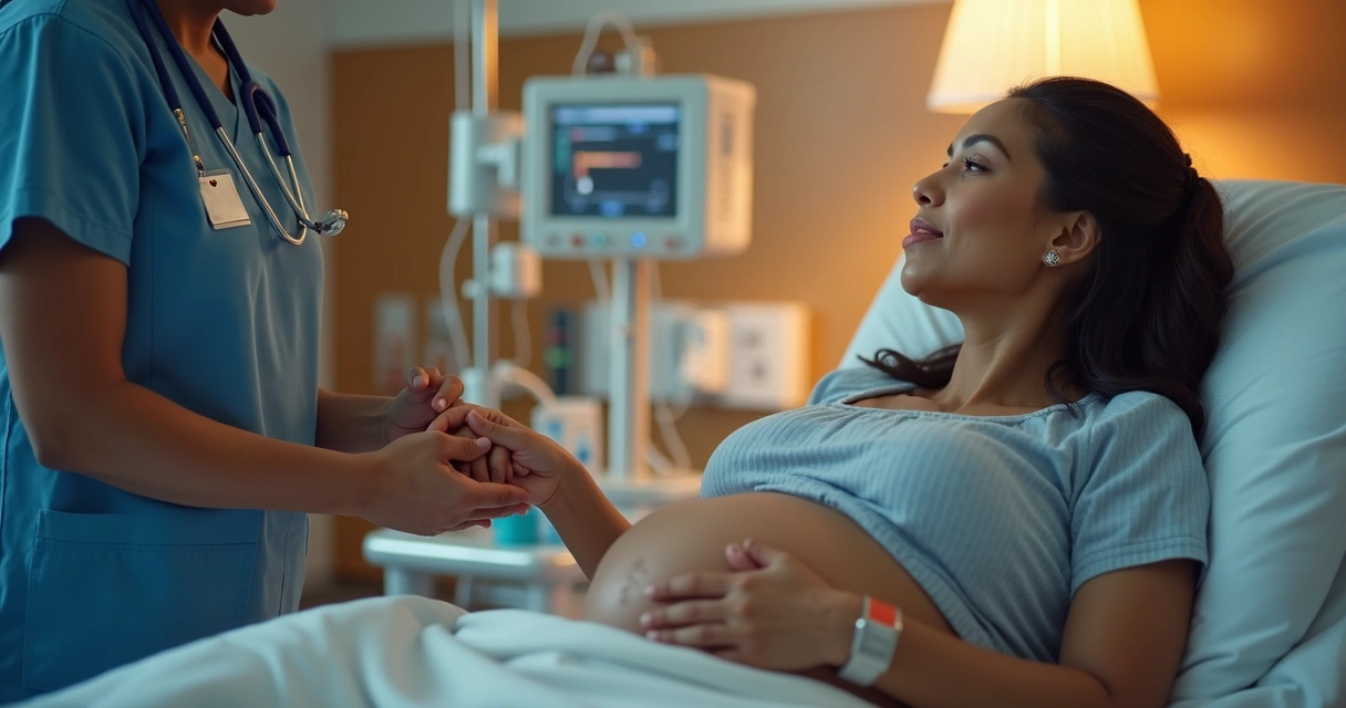 Mulher em trabalho de parto acompanhada por doula em hospital 