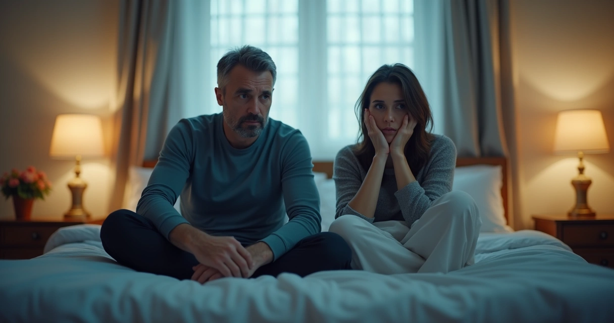 Homem e mulher olhando para o lado na cama, semblante preocupado