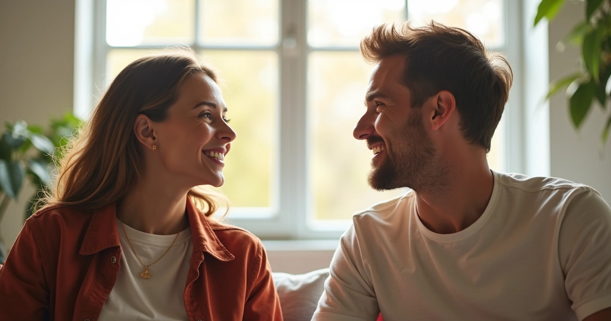 Mulher e homem sorrindo conversando em ambiente claro e moderno 