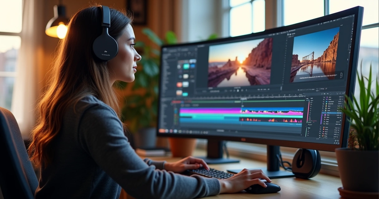 Mulher focada editando vídeo em software no computador com interface colorida 