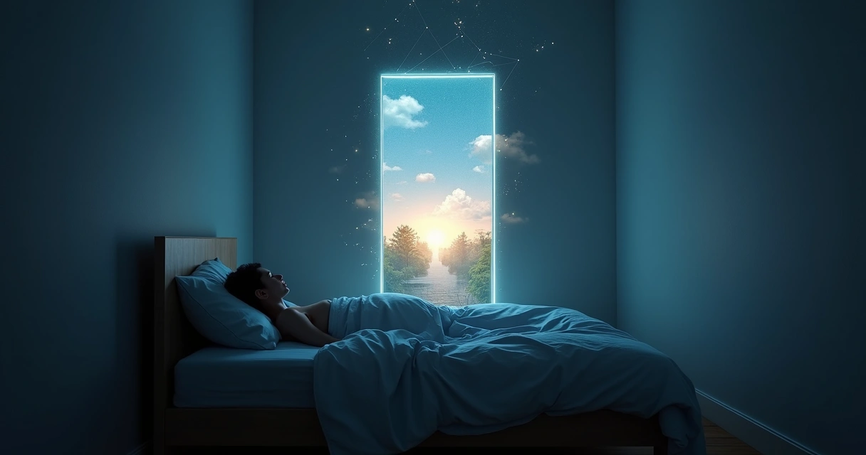 Mulher deitada em cama escura com porta luminosa revelando paisagem onírica ao fundo 