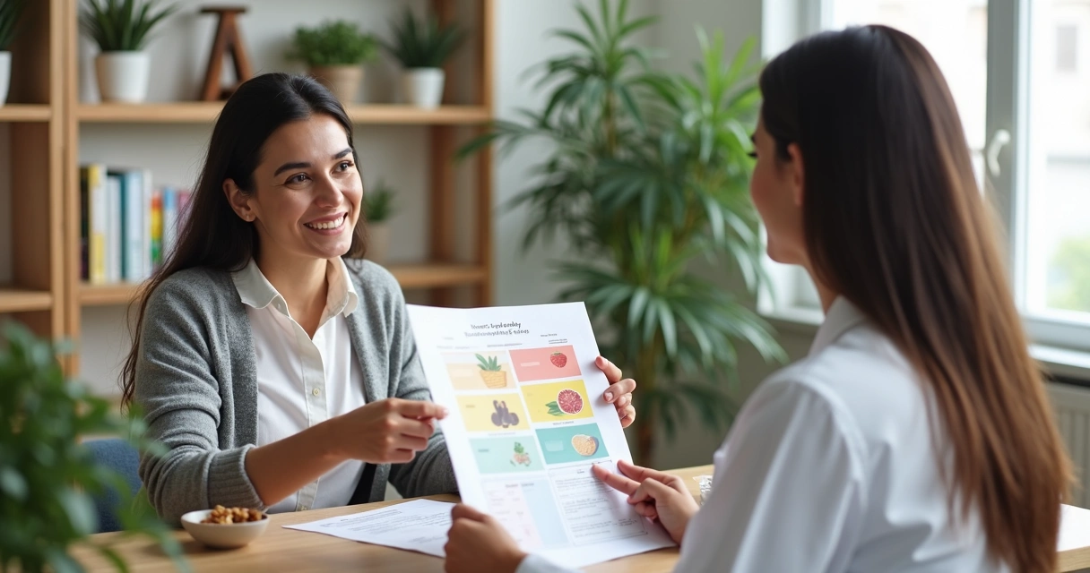 Mulher discutindo plano alimentar com nutricionista
