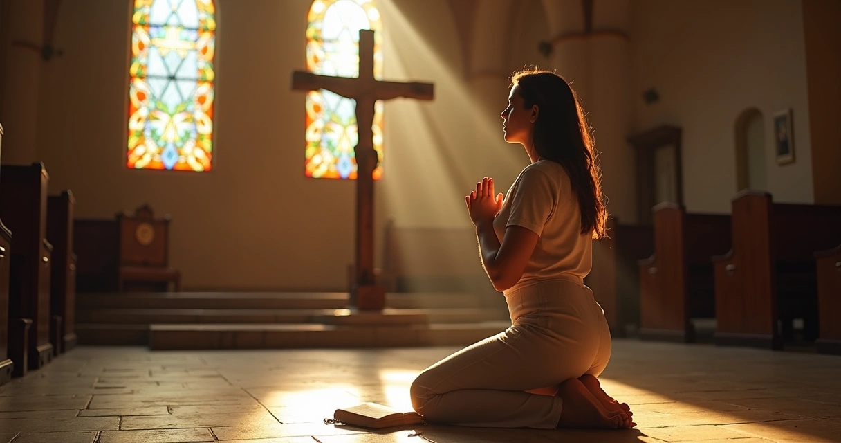 Mulher em oração ajoelhada diante de uma cruz de madeira em ambiente de luz suave e atmosfera serena 