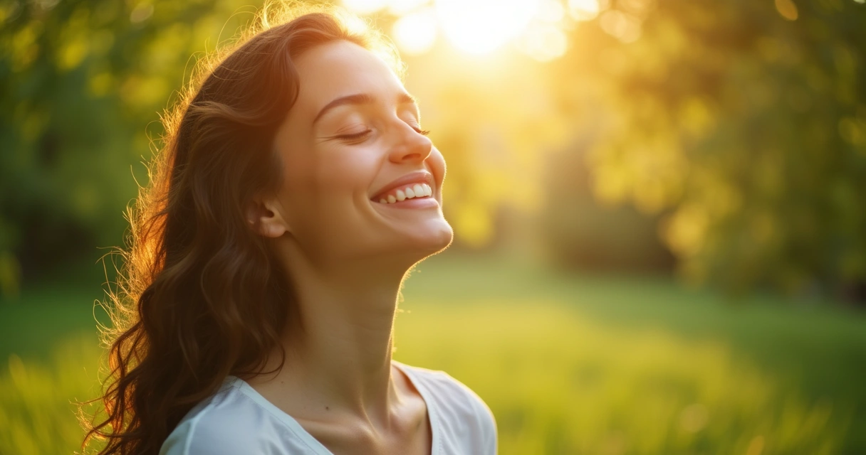 Mulher de olhos fechados sorrindo em paz cercada por natureza 