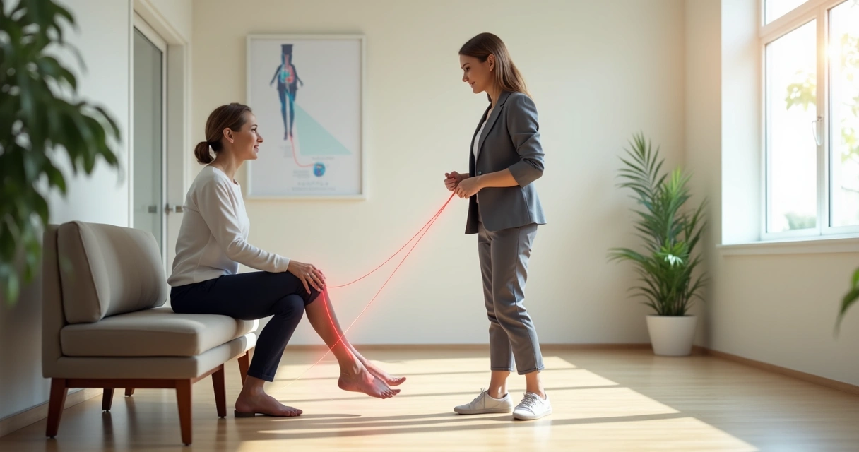 Mulher em pé e sentada alternando posições para evitar varizes nas pernas 