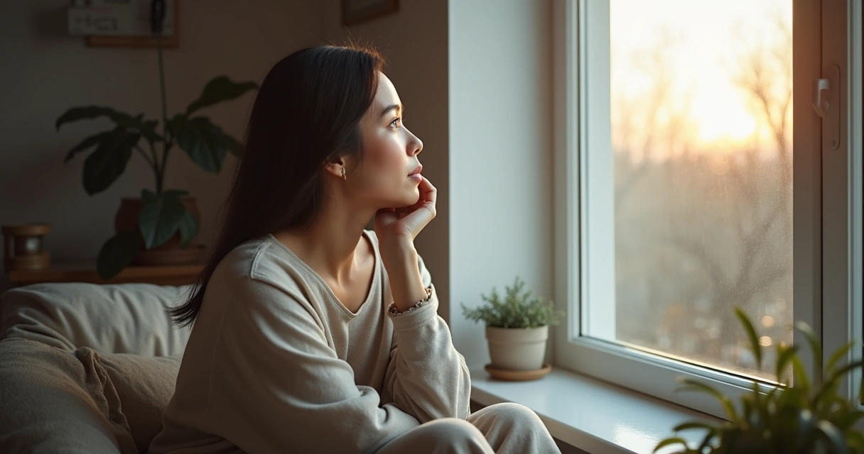 Mulher sentada, olhando pela janela em atitude reflexiva.