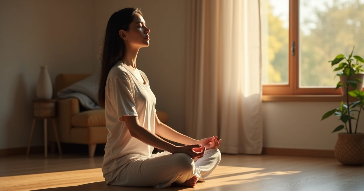 Mulher sentada em posição de meditação, olhos fechados, ambiente sereno ao fundo