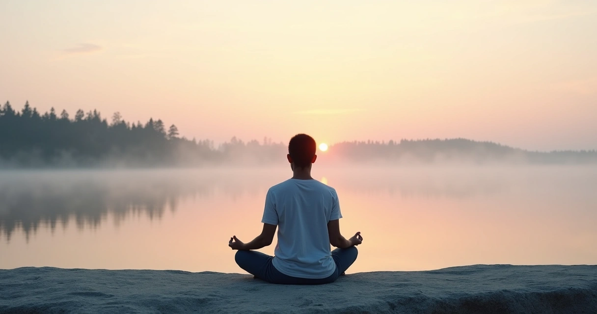 Pessoa sentada em silêncio contemplando paisagem tranquila ao amanhecer 