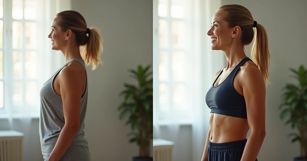 Duas imagens lado a lado mostrando mulher antes e depois de emagrecer, sorrindo com roupas diferentes 