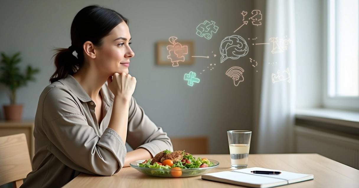 Mulher pensando diante de pratos saudáveis e desenhos de cérebro representando personalidade e emoções 
