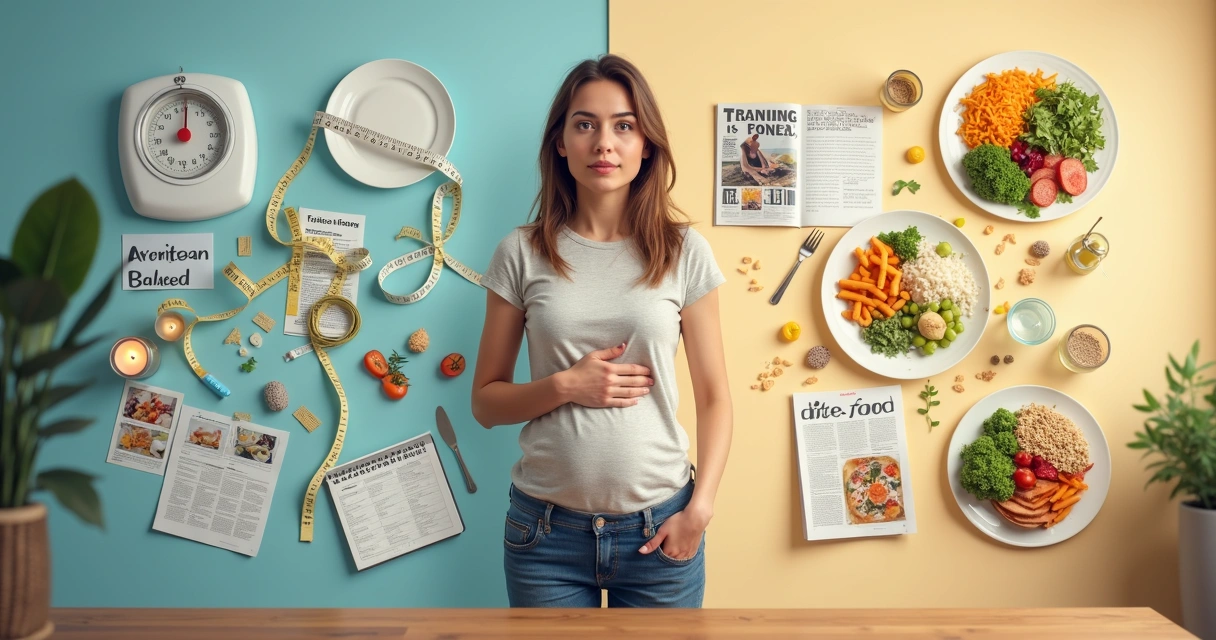Mulher olhando para dois caminhos de emagrecimento, um restritivo e outro equilibrado 