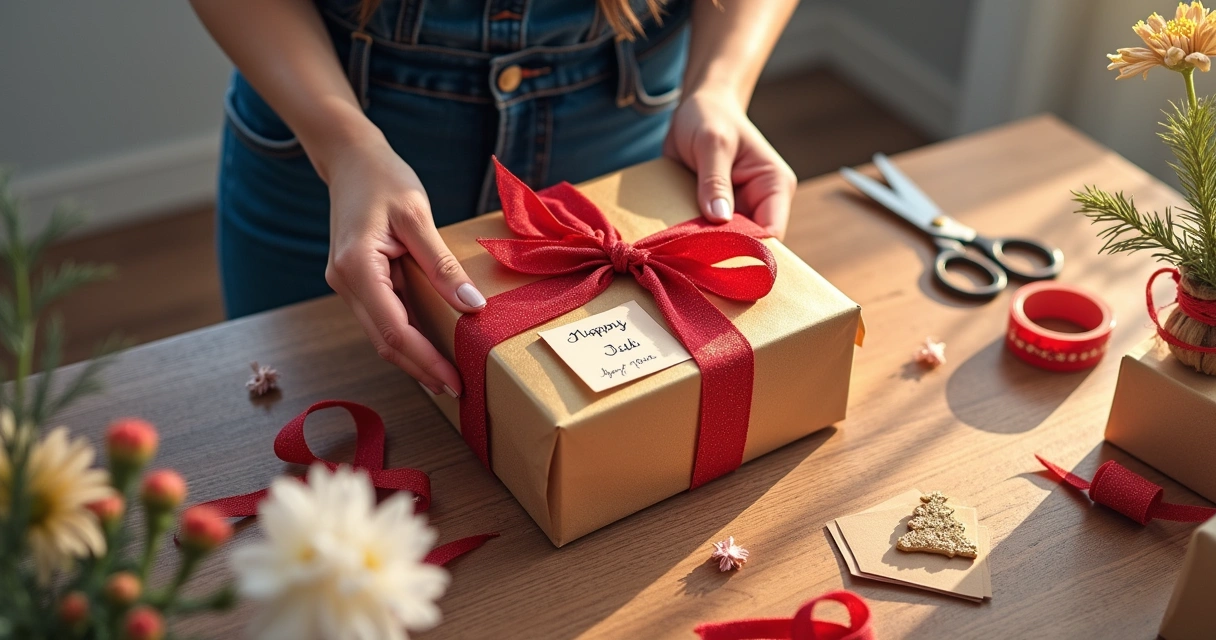 Mulher embalando presente com papel decorativo para namorado 