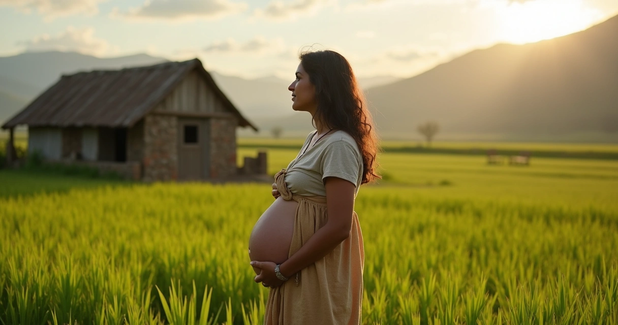 Mulher grávida com roupa simples em área rural, olhando horizonte com expressão tranquila. 