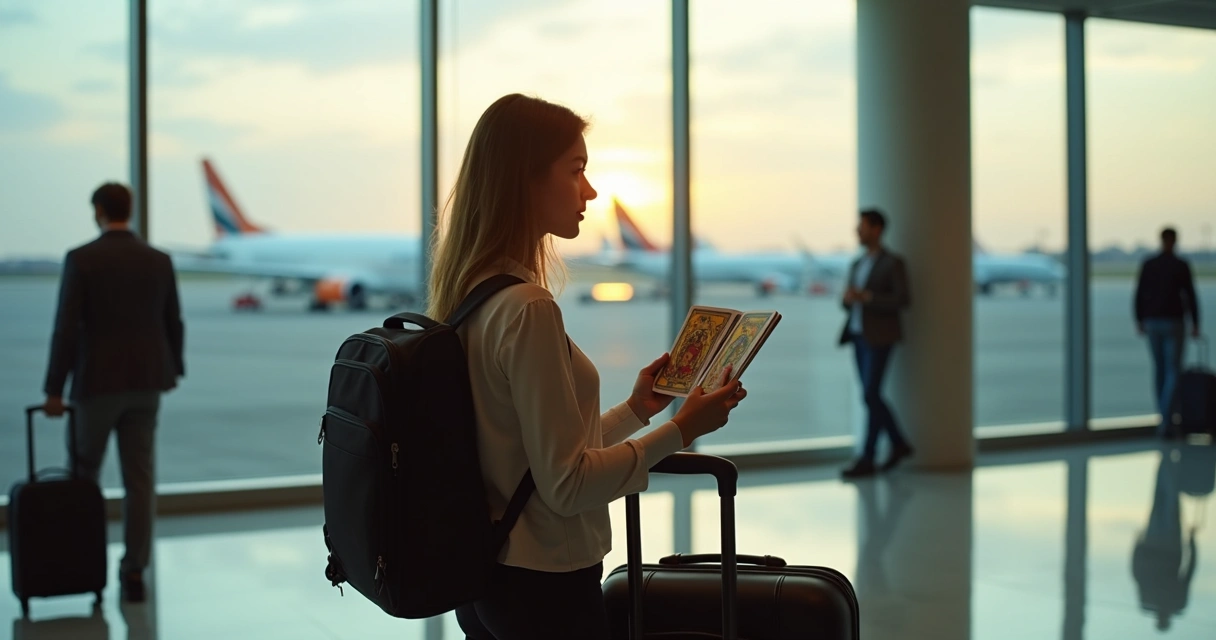 Mulher segurando cartas de tarot em aeroporto 