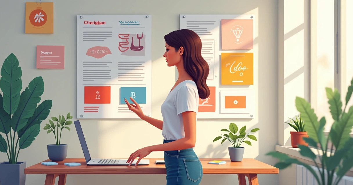 Mulher analisando estilos de identidade visual em grandes cartões 