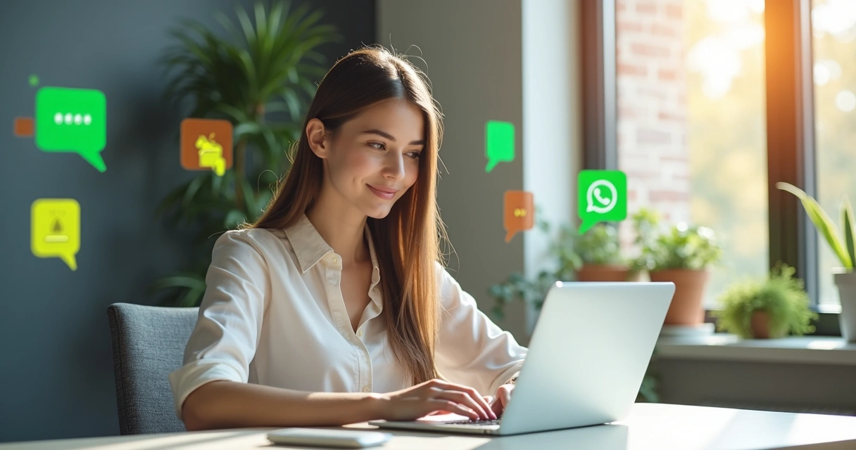 Mulher empreendedora mexendo no notebook com ícones de mensagens e automação no fundo 