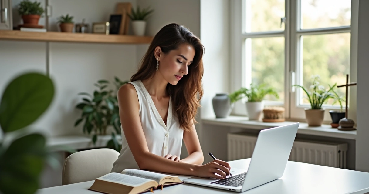 Mulher sentada com Bíblia aberta e laptop na mesa 