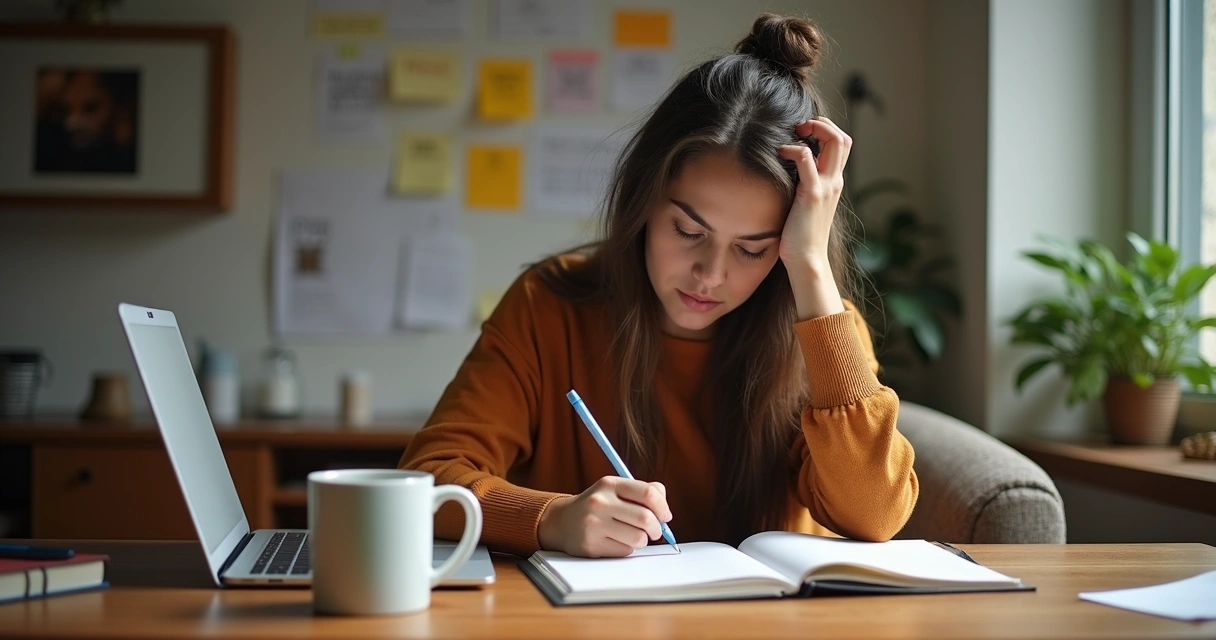 Mulher sentada à mesa com notebook, concentrada em anotações