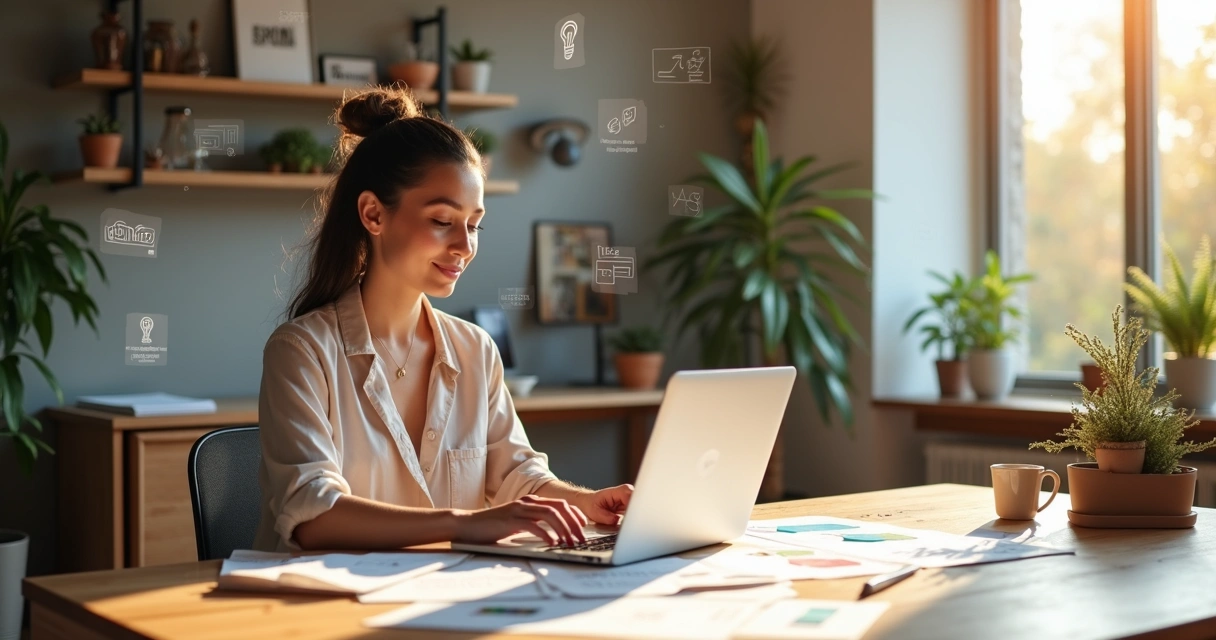 Mulher empreendedora estilosa sentada à mesa com laptop, cadernos e elementos de branding e tecnologia ao redor 