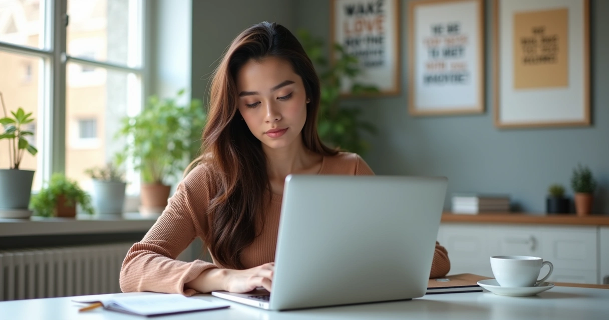 Mulher jovem trabalhando em notebook com anotações e cabelos ao vento em ambiente moderno e iluminado 